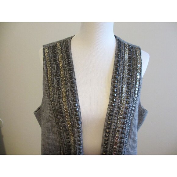 Chicos Travelers Gray Beaded Embellished Open Front Vest Size 1 Polyester Blend - Picture 5 of 11